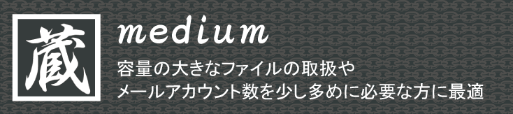 共有サーバーサービスのプラン「蔵medium」は、容量の大きなファイルの取扱や
メールアカウント数を少し多めに必要な方に最適