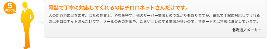 電話で丁寧に対応してくれるのはチロロネットさんだけです。　北海道／メーカー